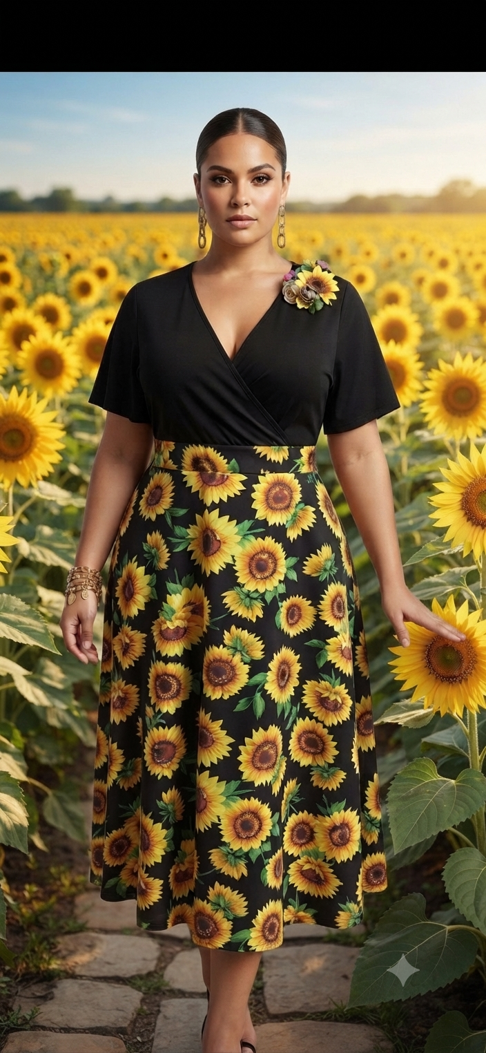 Sunflower Print Wrap Midi Dress