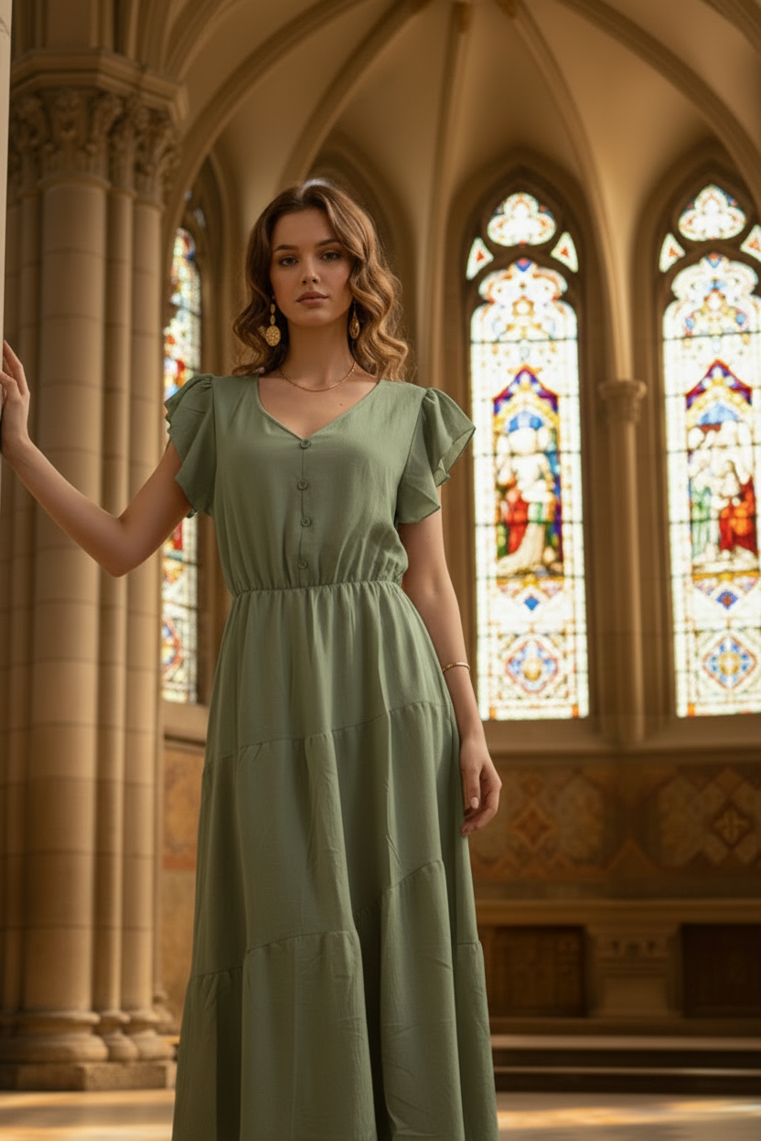 Vestido Midi Elegante con Escote en V y Botones