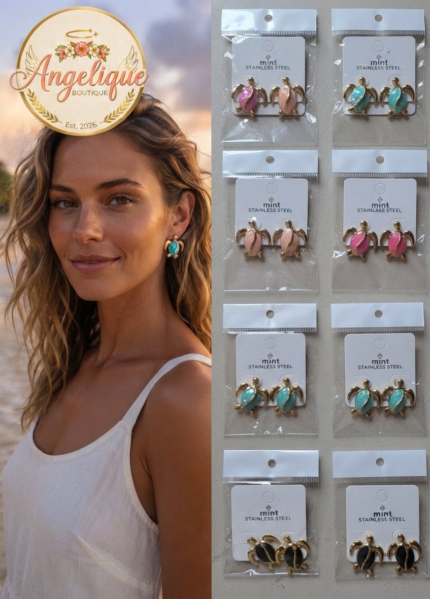 Sea Turtle Stud Earrings – Colorful Enamel Stainless Steel - Angelique Boutique