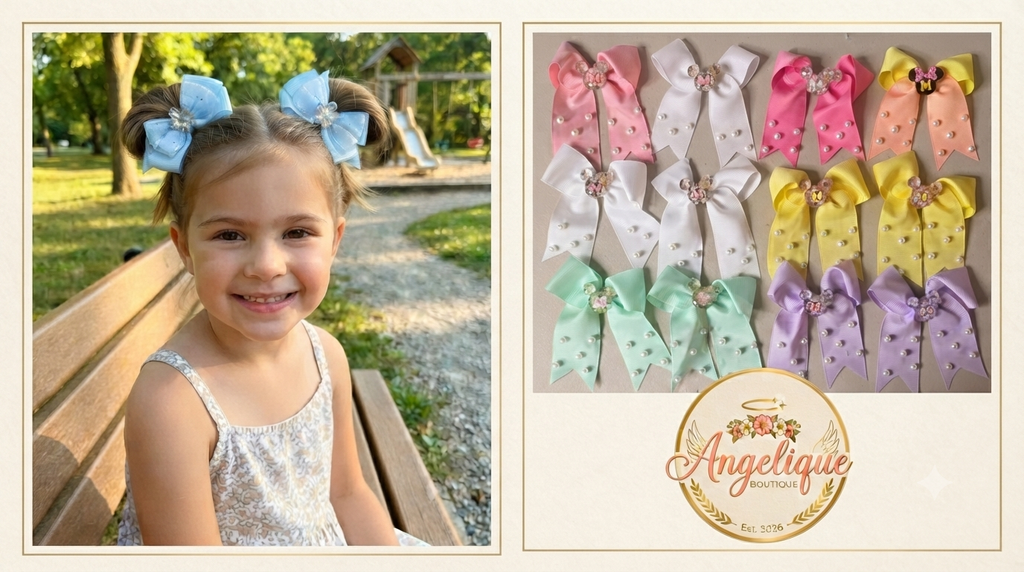 Set of 2 Mickey Mouse Glitter & Pearl Hair Bows for Women - Angelique Boutique
