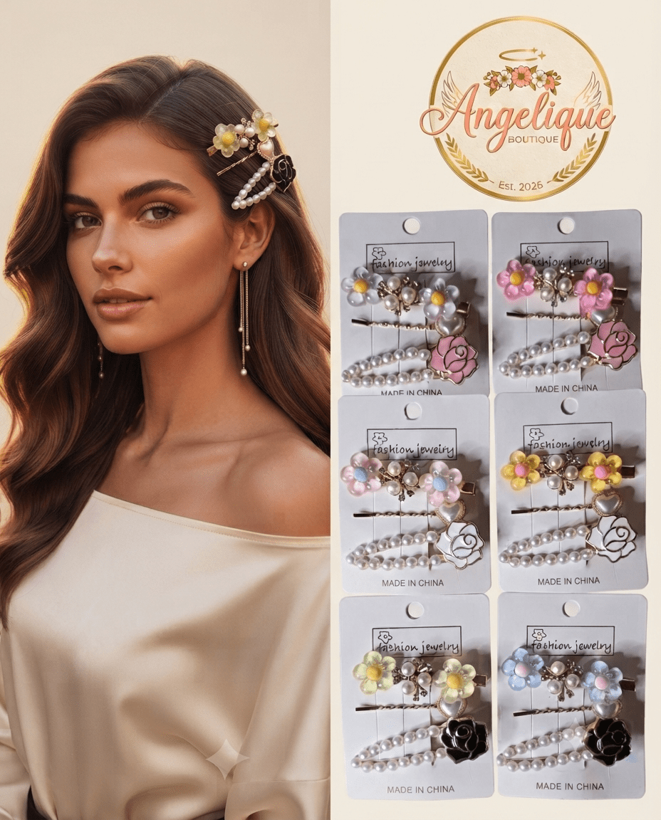 Set of 3 Floral Pearlescent Hair Pins | Purple, Pink, Blue, Yellow & Green - Angelique Boutique