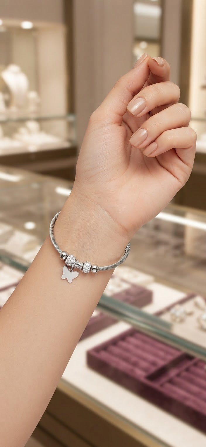 Stainless Steel Butterfly Pandora-Inspired Adjustable Bracelet – Silver - Angelique Boutique
