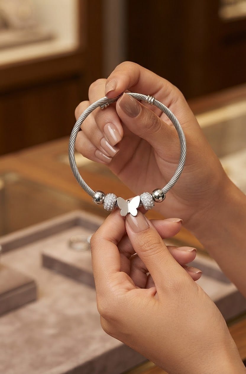 Stainless Steel Butterfly Pandora-Inspired Adjustable Bracelet – Silver - Angelique Boutique