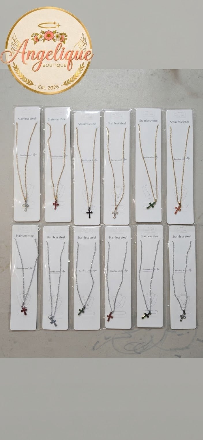 Stainless Steel Cross Necklace – Gold & Silver | Red Green Pink Black White Blue - Angelique Boutique