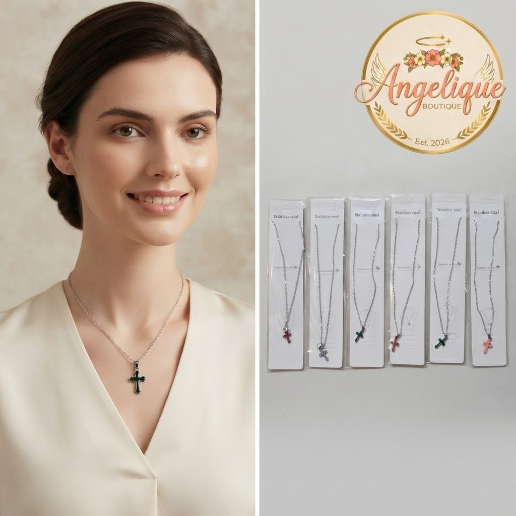 Stainless Steel Cross Necklace – Gold & Silver | Red Green Pink Black White Blue - Angelique Boutique