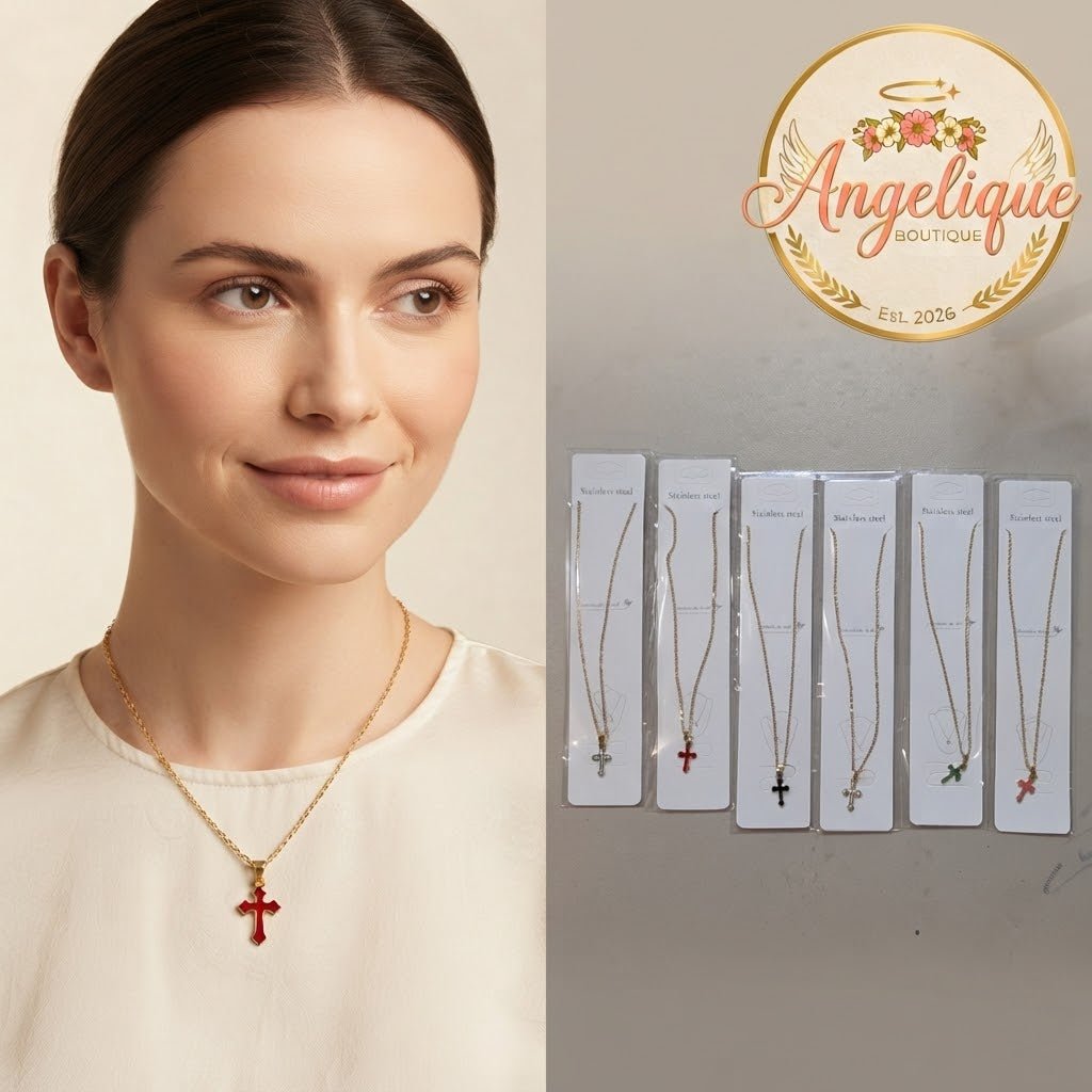 Stainless Steel Cross Necklace – Gold & Silver | Red Green Pink Black White Blue - Angelique Boutique