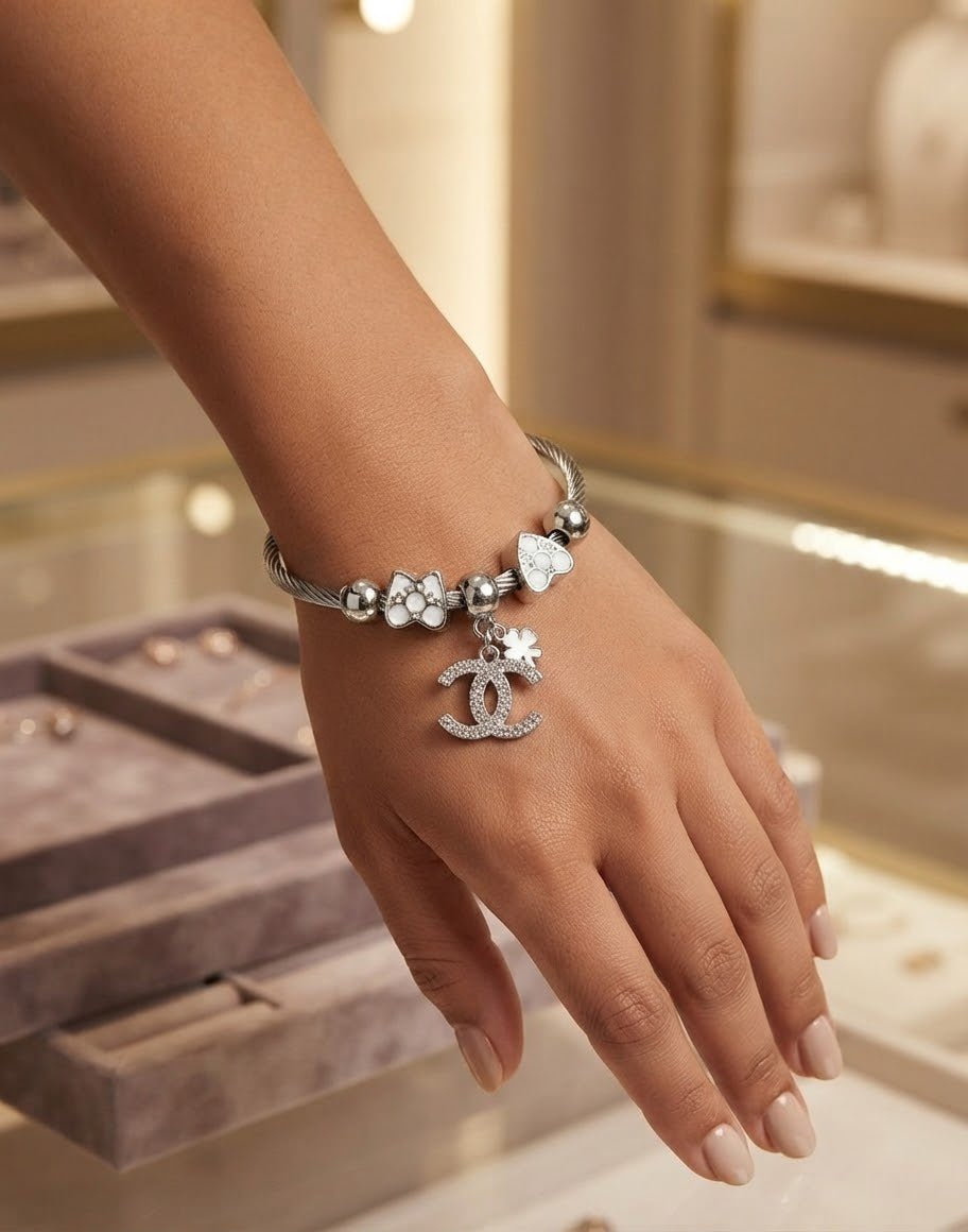 Stainless Steel Pandora-Inspired Heart & Butterfly Charm Bracelet – Silver - Angelique Boutique