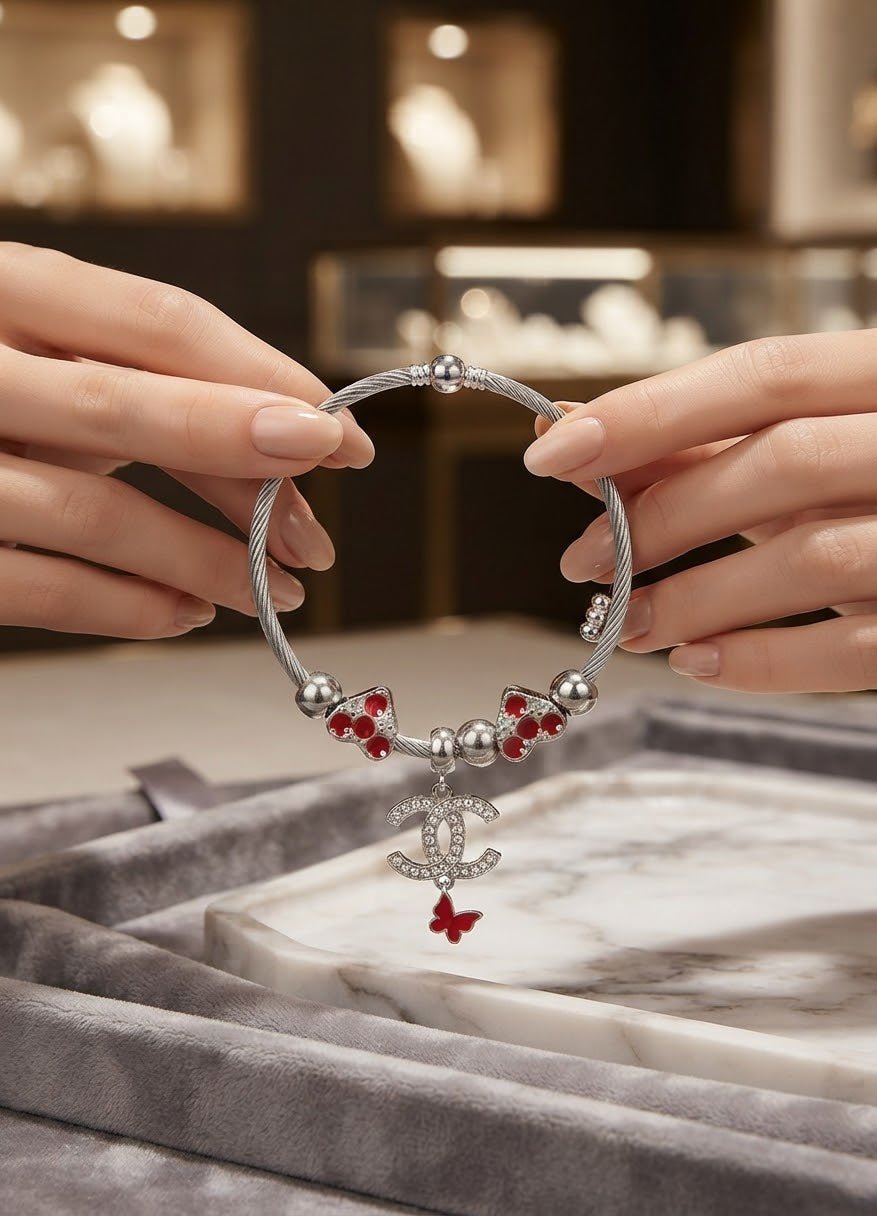 Stainless Steel Pandora-Inspired Heart & Butterfly Charm Bracelet – Silver - Angelique Boutique