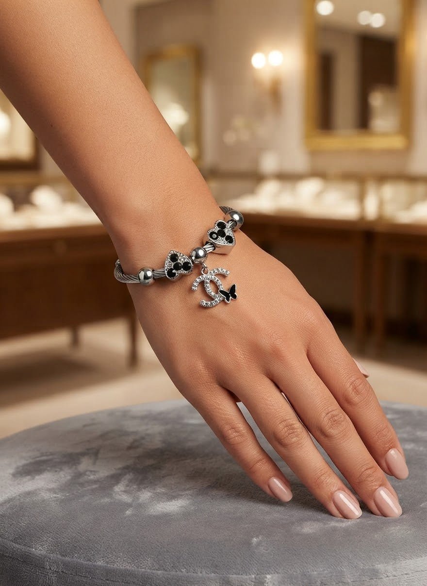 Stainless Steel Pandora-Inspired Heart & Butterfly Charm Bracelet – Silver - Angelique Boutique