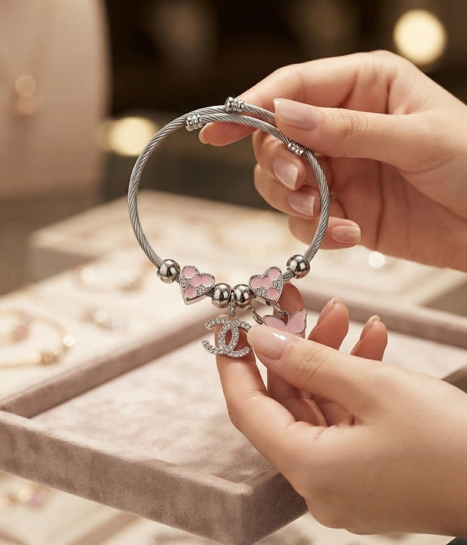 Stainless Steel Pandora-Inspired Heart & Butterfly Charm Bracelet – Silver - Angelique Boutique