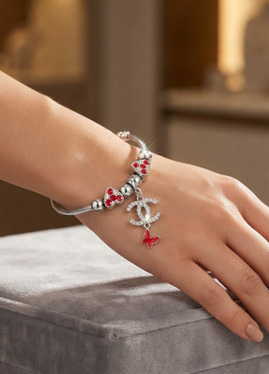 Stainless Steel Pandora-Inspired Heart & Butterfly Charm Bracelet – Silver - Angelique Boutique