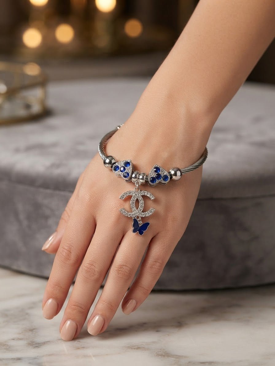 Stainless Steel Pandora-Inspired Heart & Butterfly Charm Bracelet – Silver - Angelique Boutique