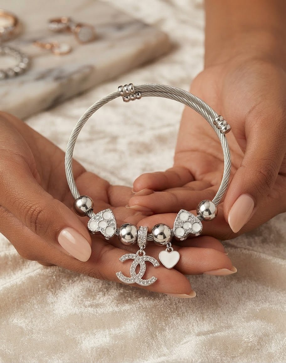 Stainless Steel Pandora-Inspired Heart & Butterfly Charm Bracelet – Silver - Angelique Boutique