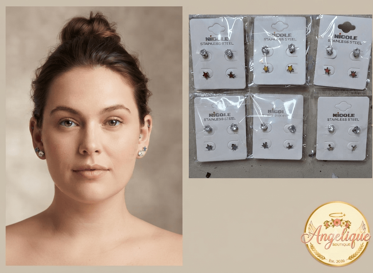 Stainless Steel Star & Zirconia Earring Set for Women – 2 Pieces - Angelique Boutique