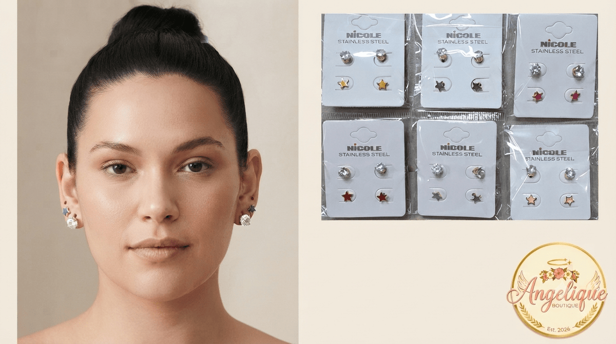 Stainless Steel Star & Zirconia Earring Set for Women – 2 Pieces - Angelique Boutique