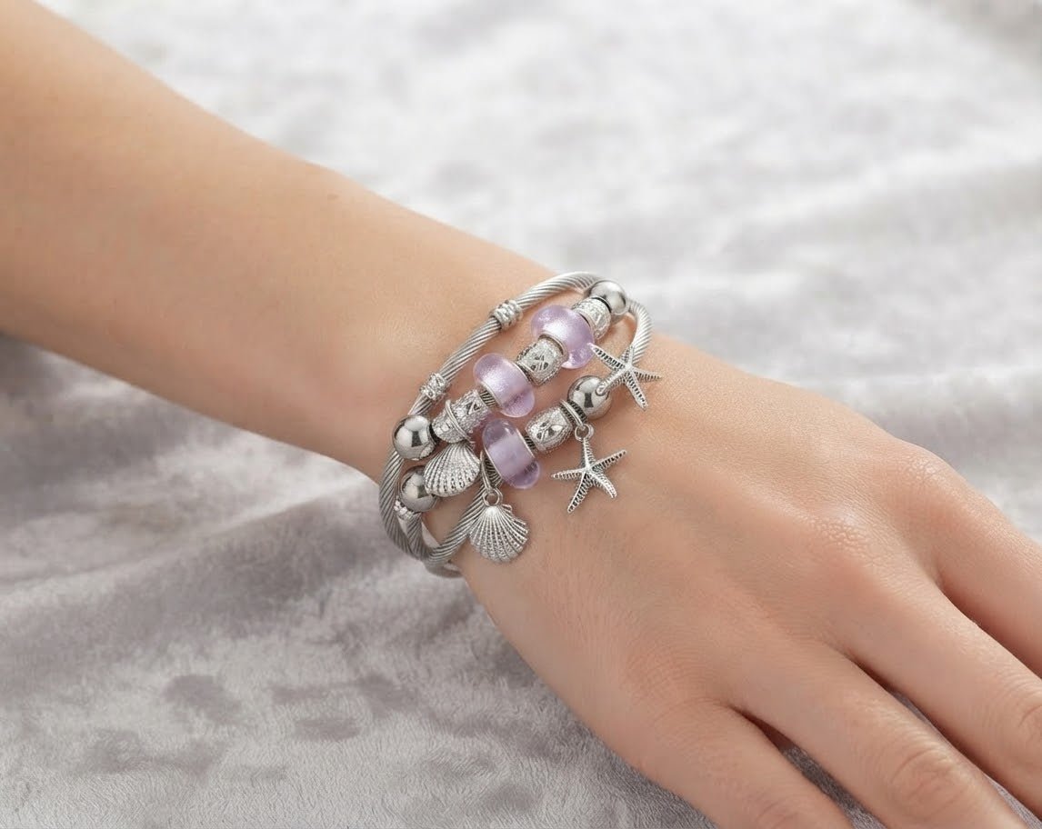 Starfish Charm Bead Bracelet Adjustable Stainless Steel – Multiple Colors - Angelique Boutique