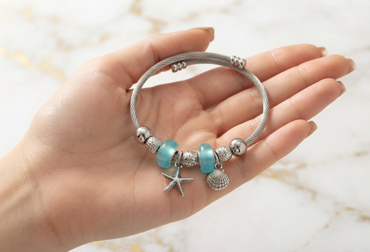 Starfish Charm Bead Bracelet Adjustable Stainless Steel – Multiple Colors - Angelique Boutique