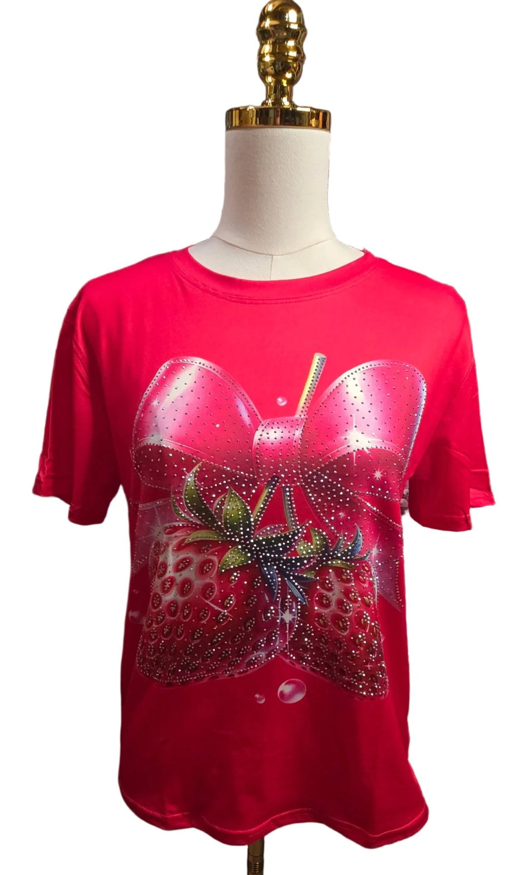 Strawberry Rhinestone Blouse | Short Sleeve | Red, Pink & White - Angelique Boutique