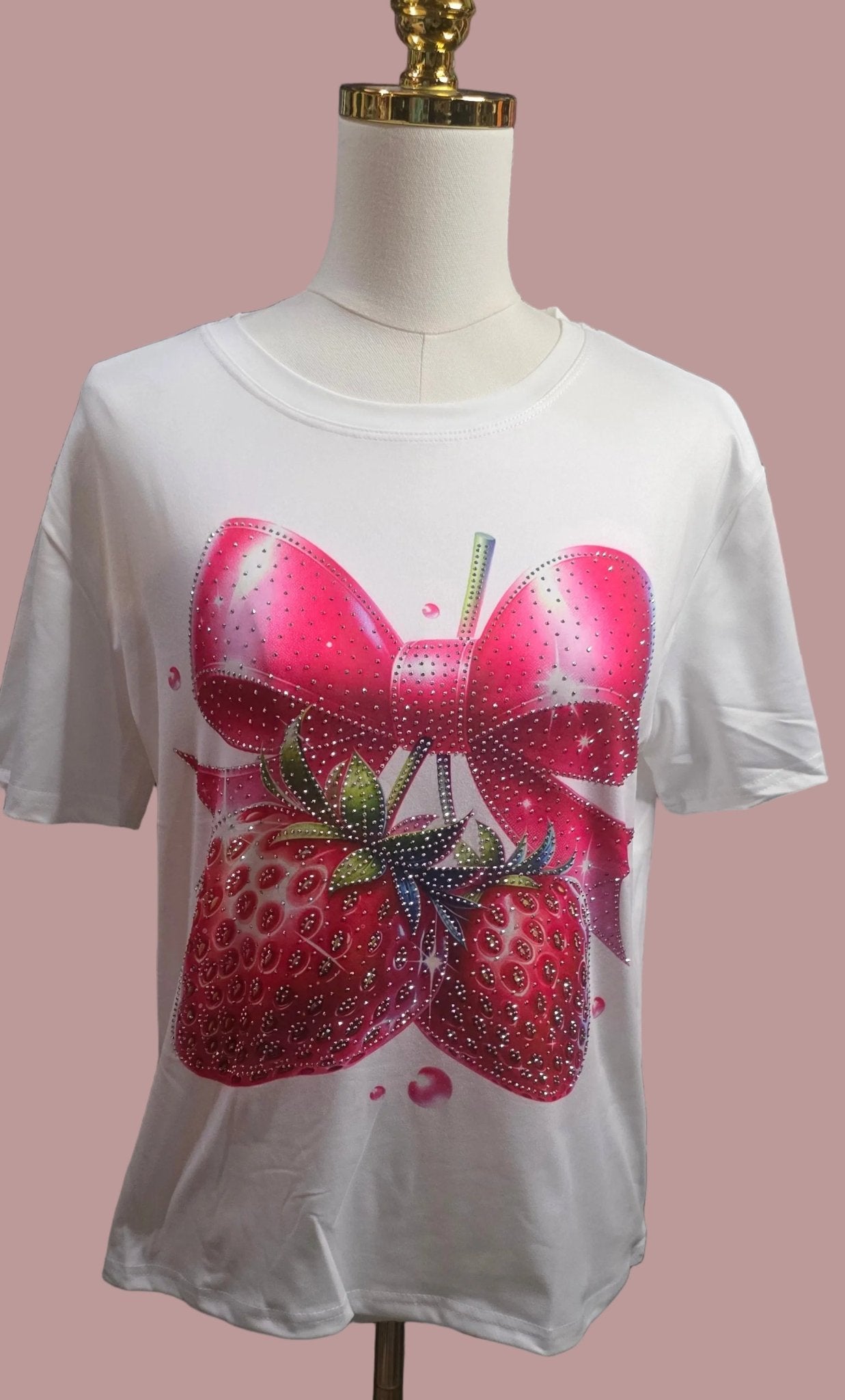 Strawberry Rhinestone Blouse | Short Sleeve | Red, Pink & White - Angelique Boutique