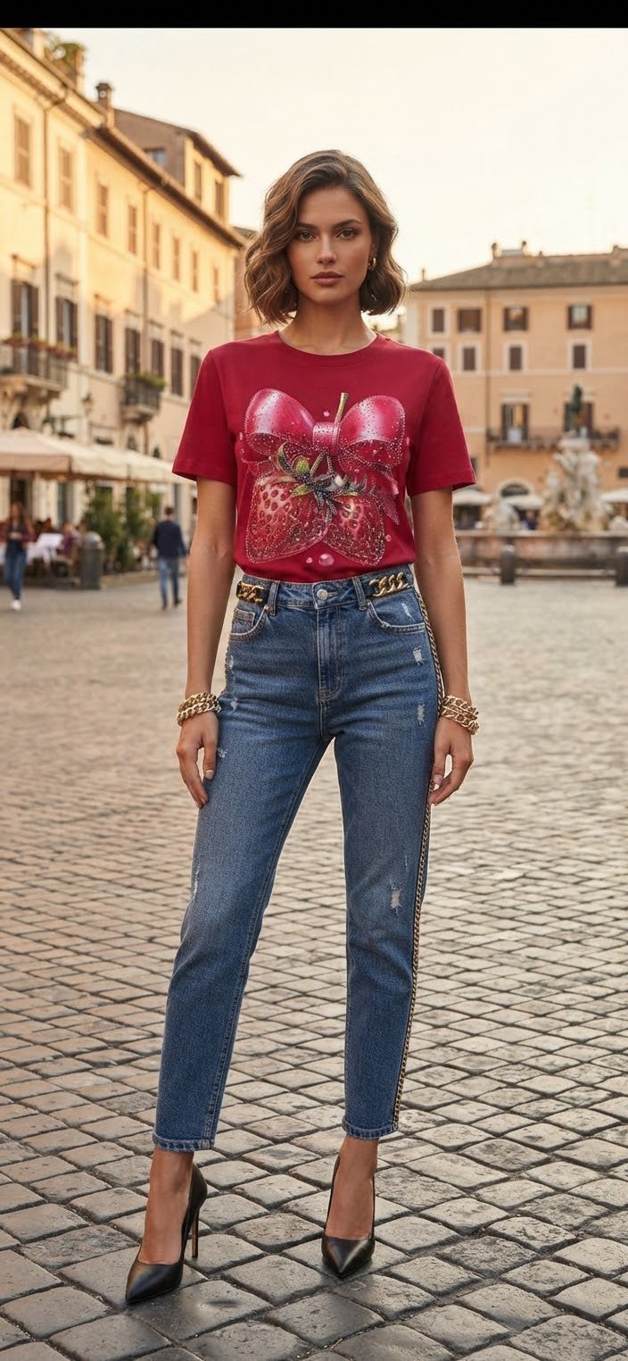 Strawberry Rhinestone Blouse | Short Sleeve | Red, Pink & White - Angelique Boutique