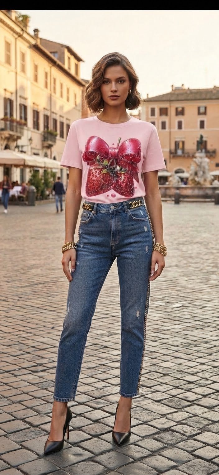 Strawberry Rhinestone Blouse | Short Sleeve | Red, Pink & White - Angelique Boutique
