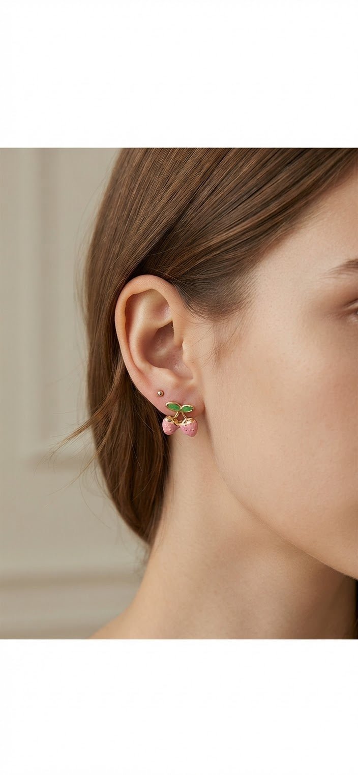 Strawberry Stainless Steel Earrings – Red & Pink Gold Studs for Women - Angelique Boutique