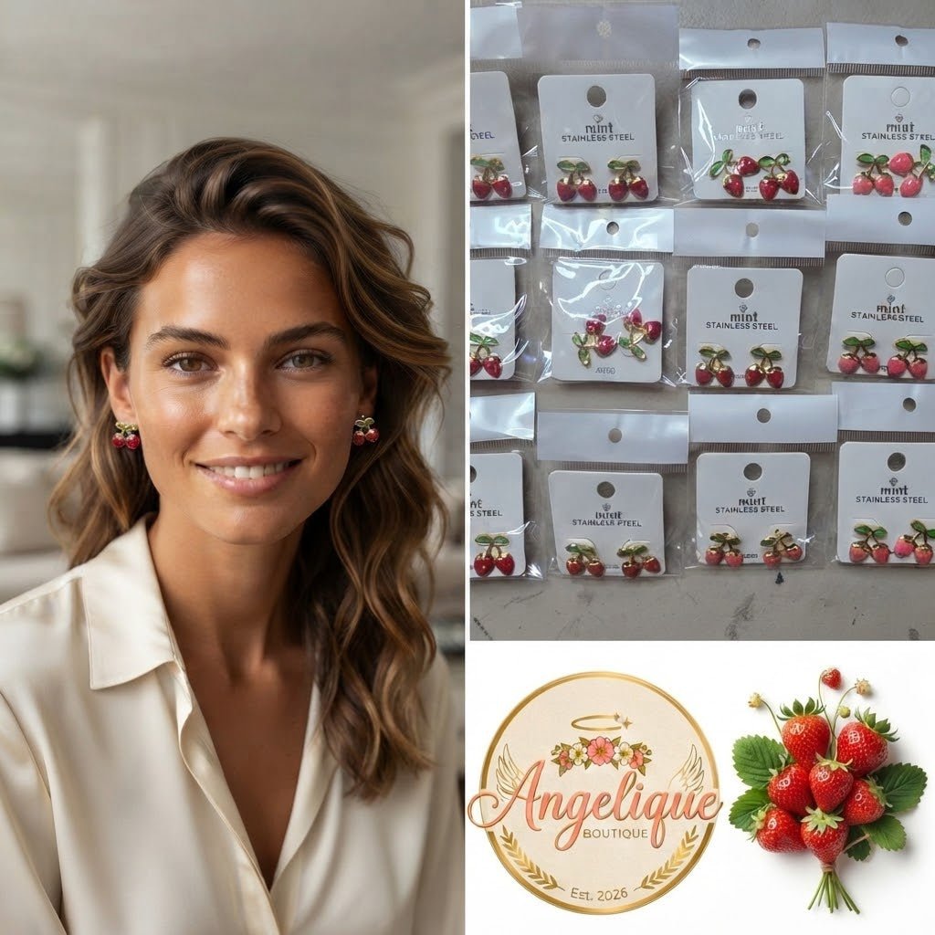 Strawberry Stainless Steel Earrings – Red & Pink Gold Studs for Women - Angelique Boutique