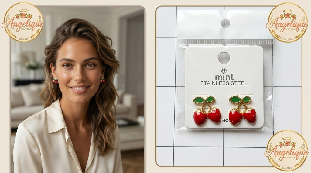 Strawberry Stainless Steel Earrings – Red & Pink Gold Studs for Women - Angelique Boutique