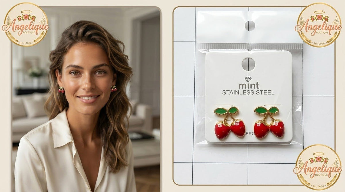 Strawberry Stainless Steel Earrings – Red & Pink Gold Studs for Women - Angelique Boutique