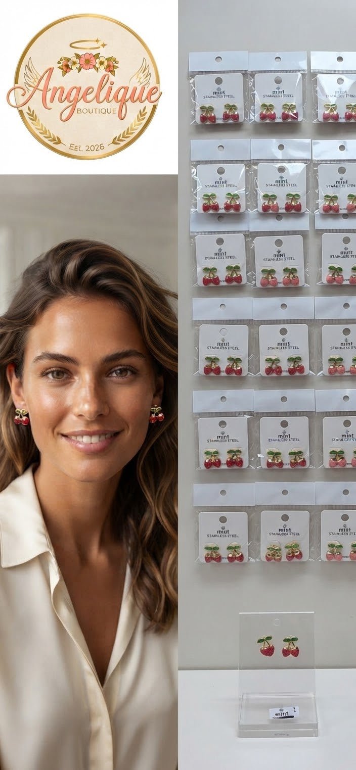 Strawberry Stainless Steel Earrings – Red & Pink Gold Studs for Women - Angelique Boutique