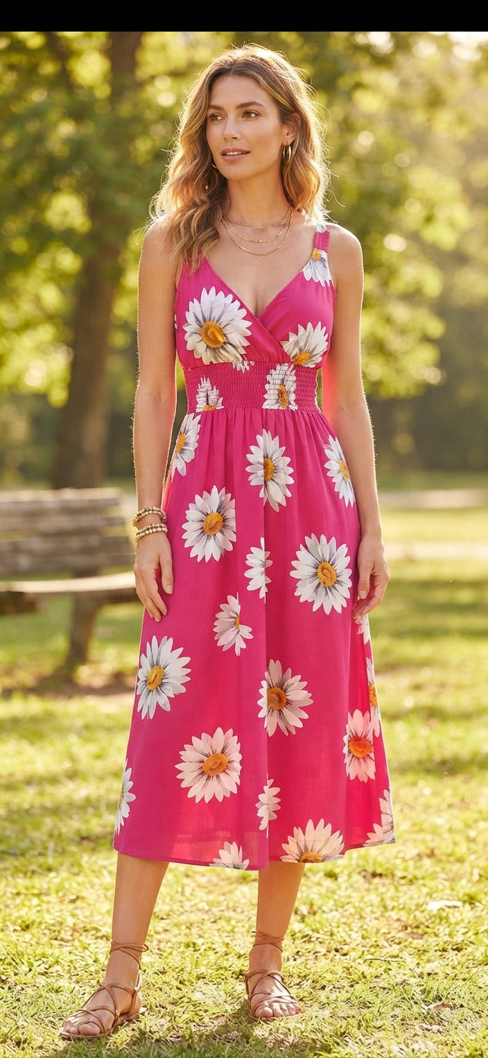 Sunflower Print Midi Dress – Flowy V-Neck Summer Dress - Angelique Boutique