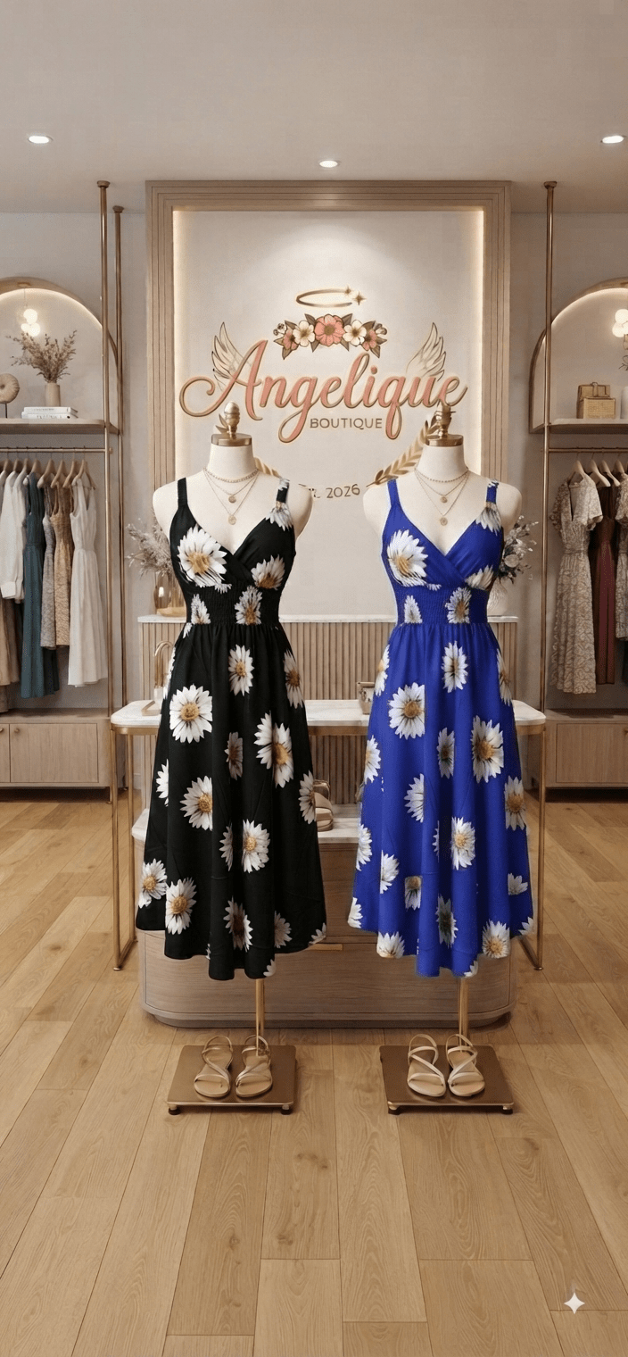 Sunflower Print Midi Dress – Flowy V-Neck Summer Dress - Angelique Boutique