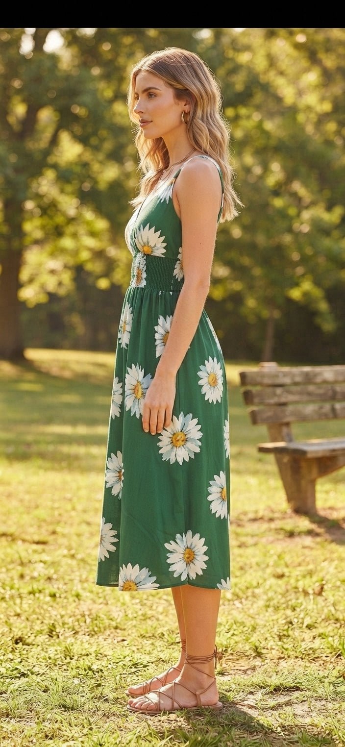 Sunflower Print Midi Dress – Flowy V-Neck Summer Dress - Angelique Boutique