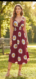 Sunflower Print Midi Dress – Flowy V-Neck Summer Dress - Angelique Boutique