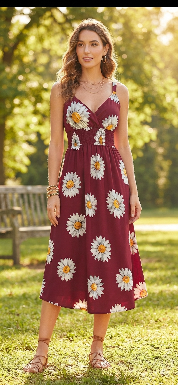 Sunflower Print Midi Dress – Flowy V-Neck Summer Dress - Angelique Boutique