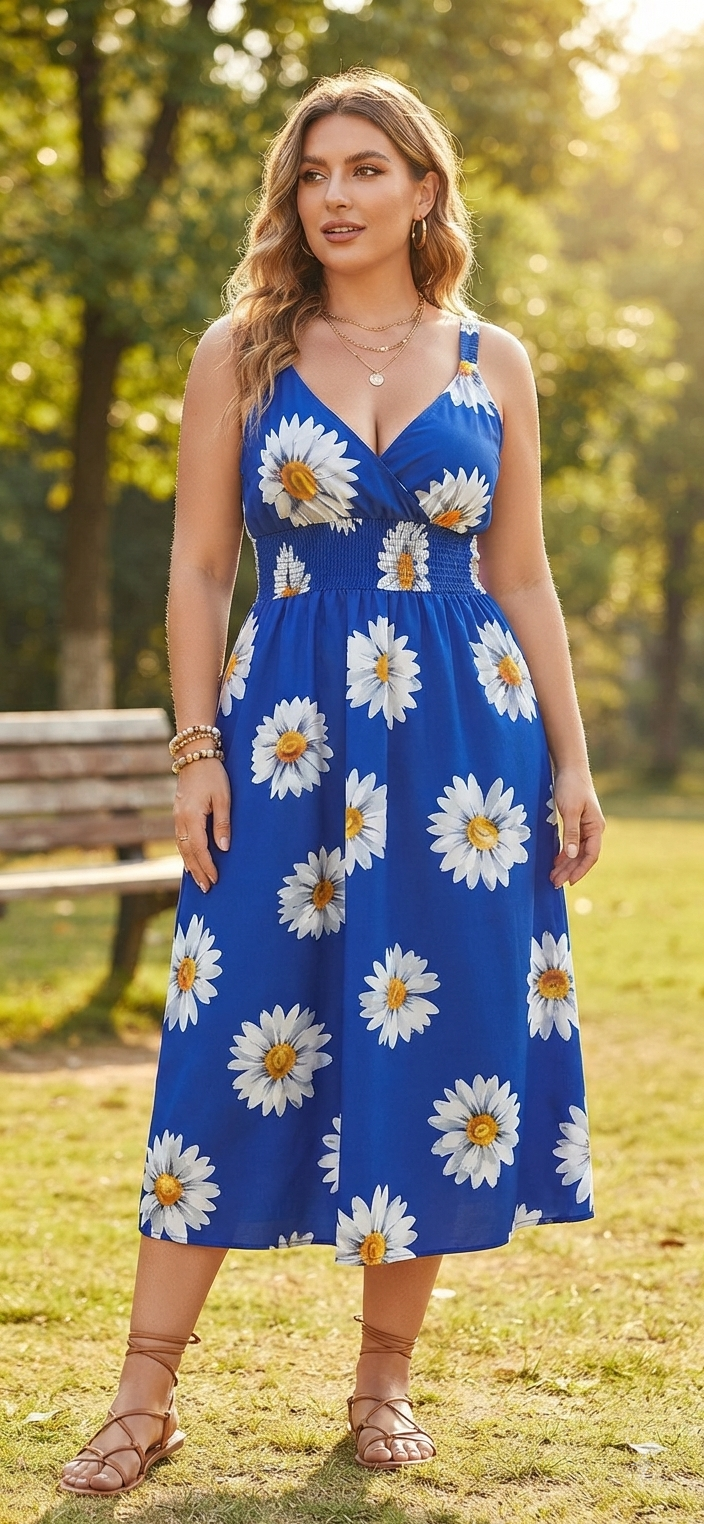 Sunflower Print Midi Dress – Flowy V-Neck Summer Dress - Angelique Boutique