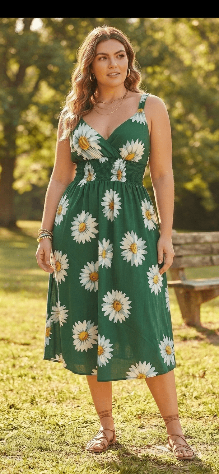 Sunflower Print Midi Dress – Flowy V-Neck Summer Dress - Angelique Boutique