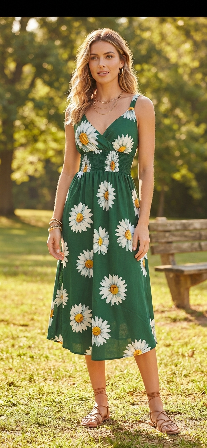 Sunflower Print Midi Dress – Flowy V-Neck Summer Dress - Angelique Boutique