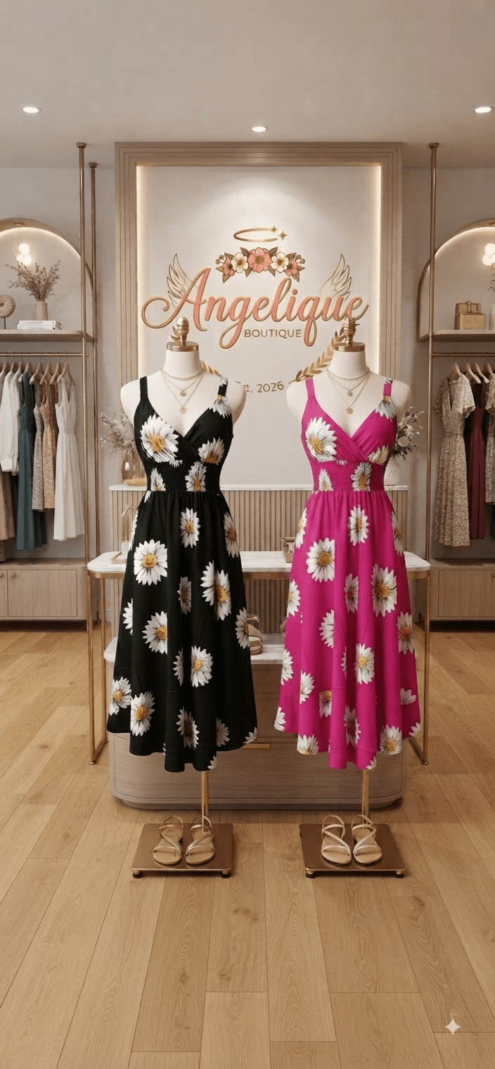 Sunflower Print Midi Dress – Flowy V-Neck Summer Dress - Angelique Boutique