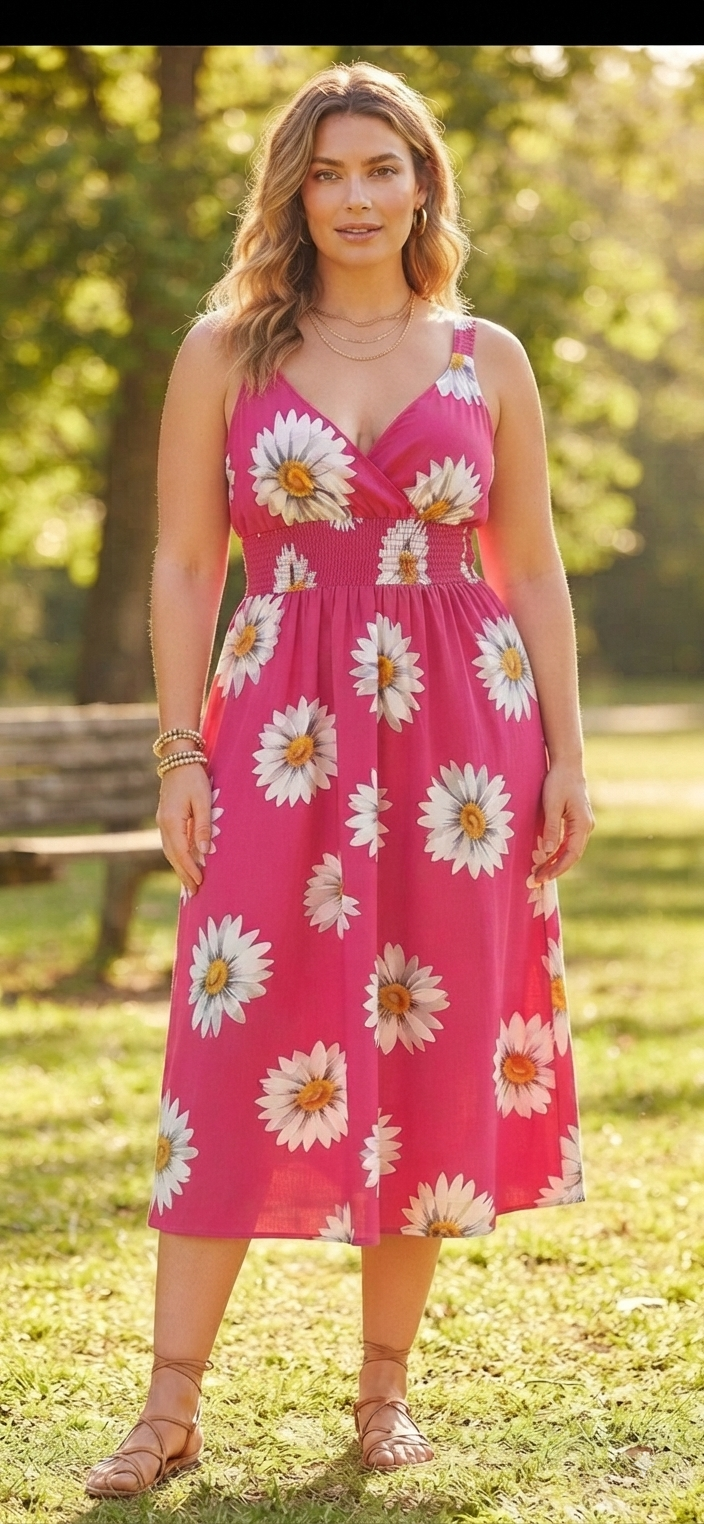 Sunflower Print Midi Dress – Flowy V-Neck Summer Dress - Angelique Boutique
