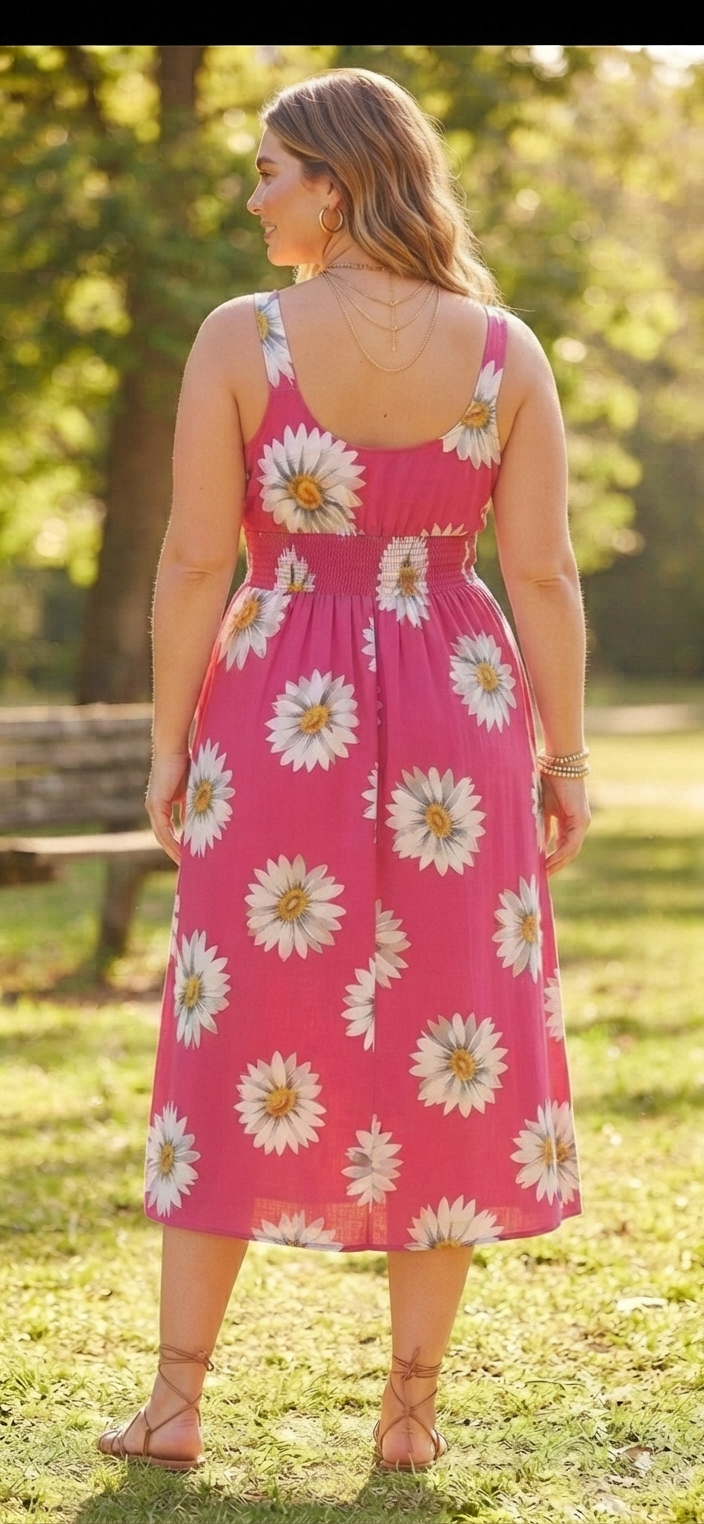 Sunflower Print Midi Dress – Flowy V-Neck Summer Dress - Angelique Boutique
