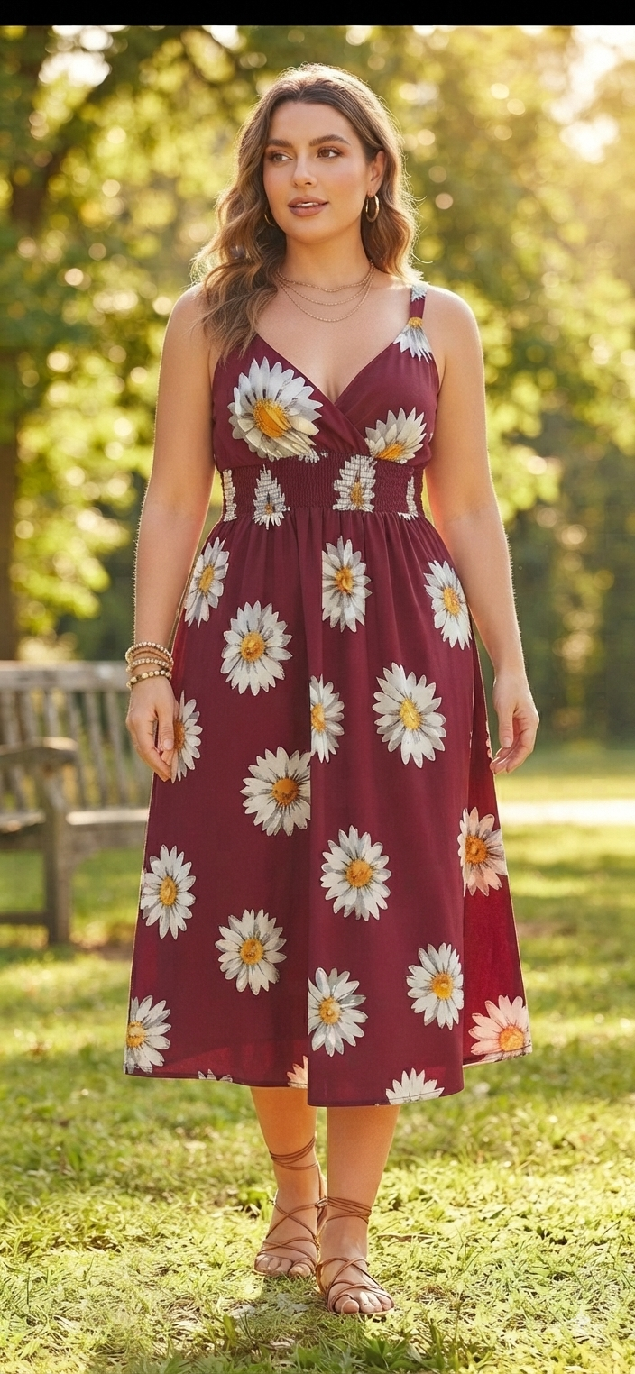 Sunflower Print Midi Dress – Flowy V-Neck Summer Dress - Angelique Boutique