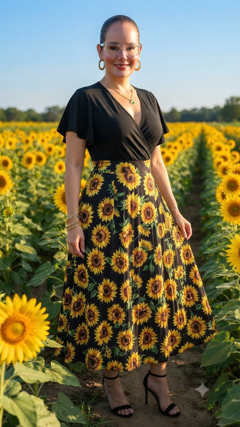 Sunflower Print Wrap Midi Dress - Angelique Boutique