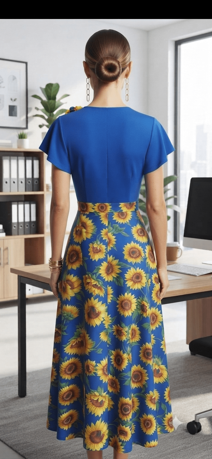 Sunflower Print Wrap Midi Dress - Angelique Boutique