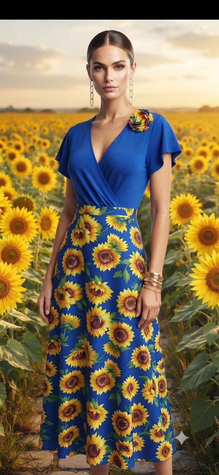 Sunflower Print Wrap Midi Dress - Angelique Boutique