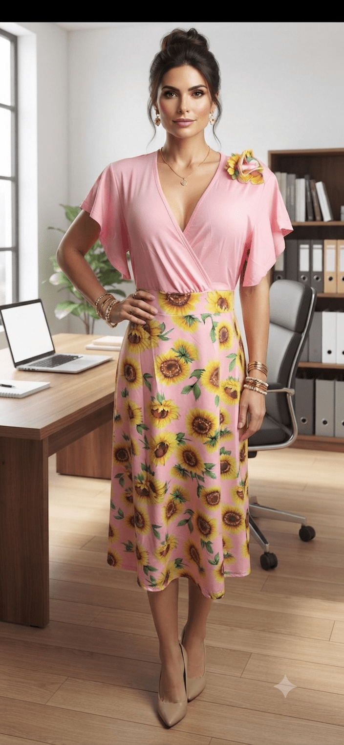 Sunflower Print Wrap Midi Dress - Angelique Boutique
