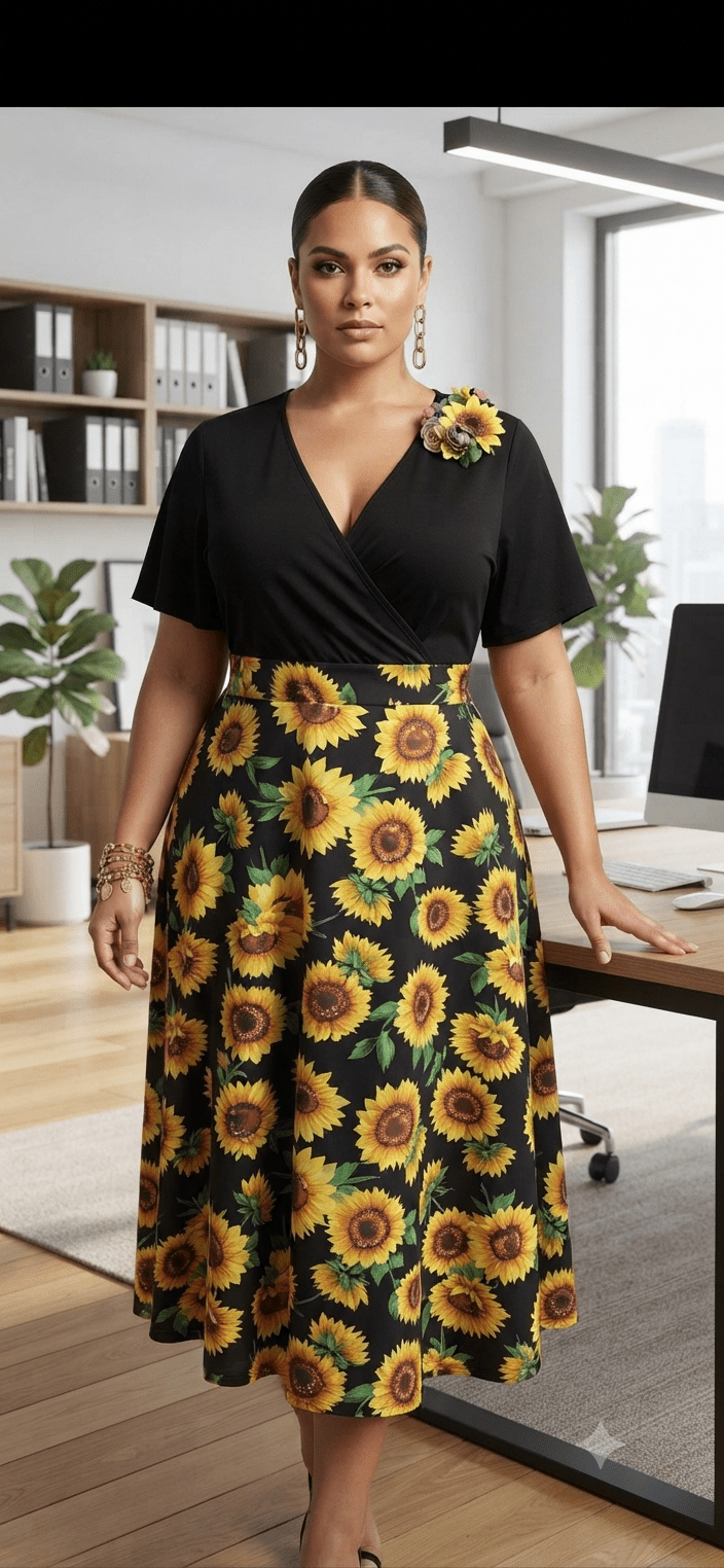 Sunflower Print Wrap Midi Dress - Angelique Boutique
