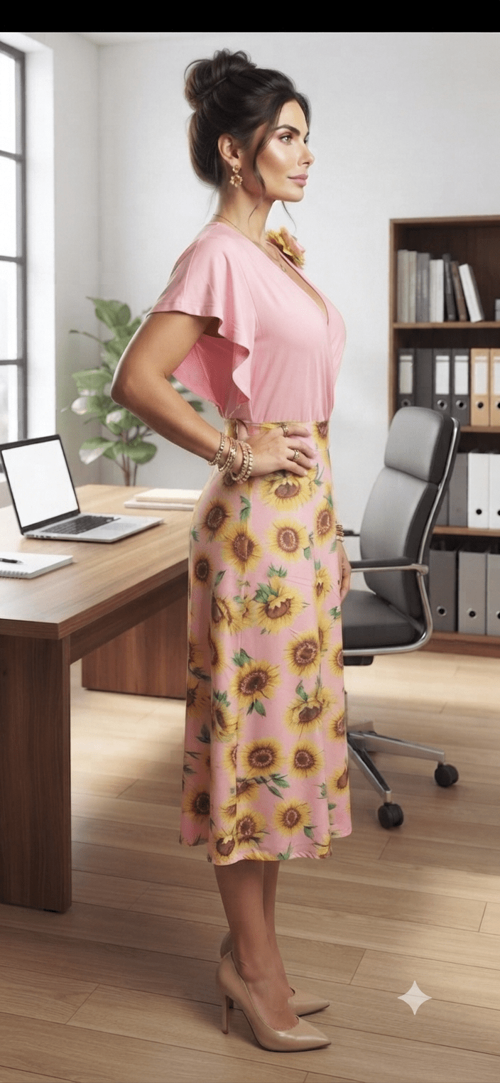 Sunflower Print Wrap Midi Dress - Angelique Boutique