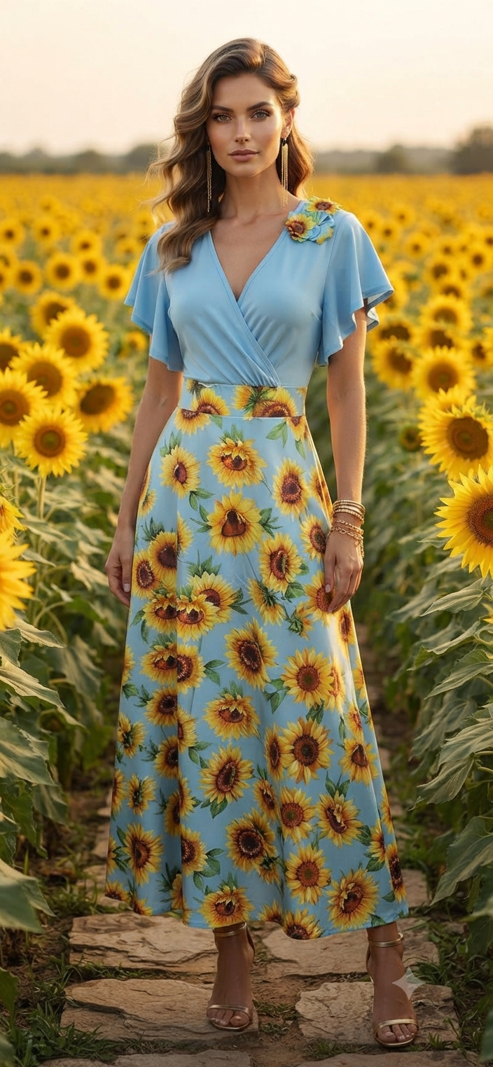 Sunflower Print Wrap Midi Dress - Angelique Boutique