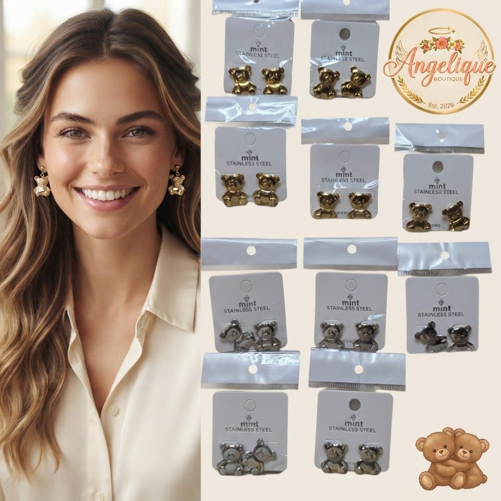 Teddy Bear Stainless Steel Earrings – Gold & Silver Studs for Women - Angelique Boutique